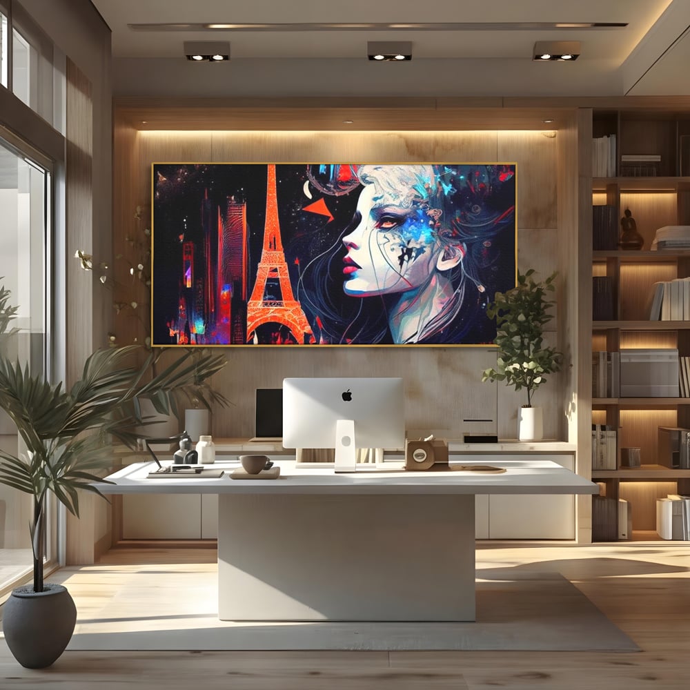 Tablou canvas cu tablou canvas cu femeie si turnul eiffel, in rama de aluminiu auriu, pe perete intr-un birou